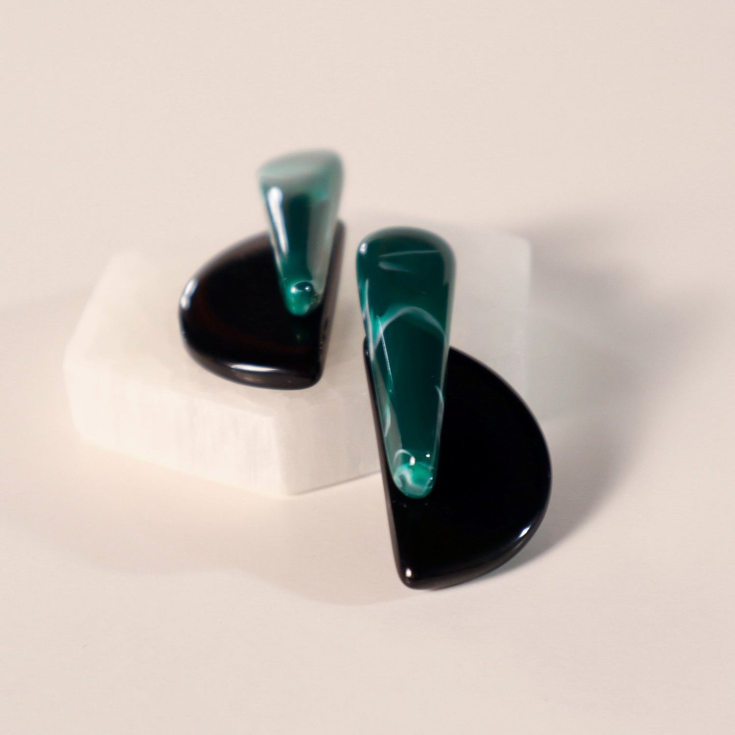 Half Moon Statement Resin Earrings in Black & Green