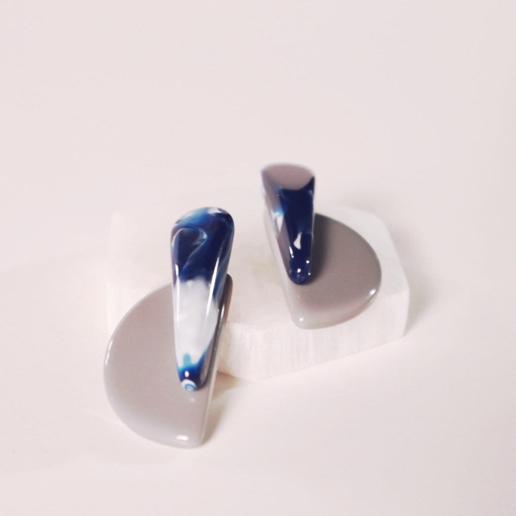 Half Moon Statement Resin Earrings - Midnight Blue & Gray