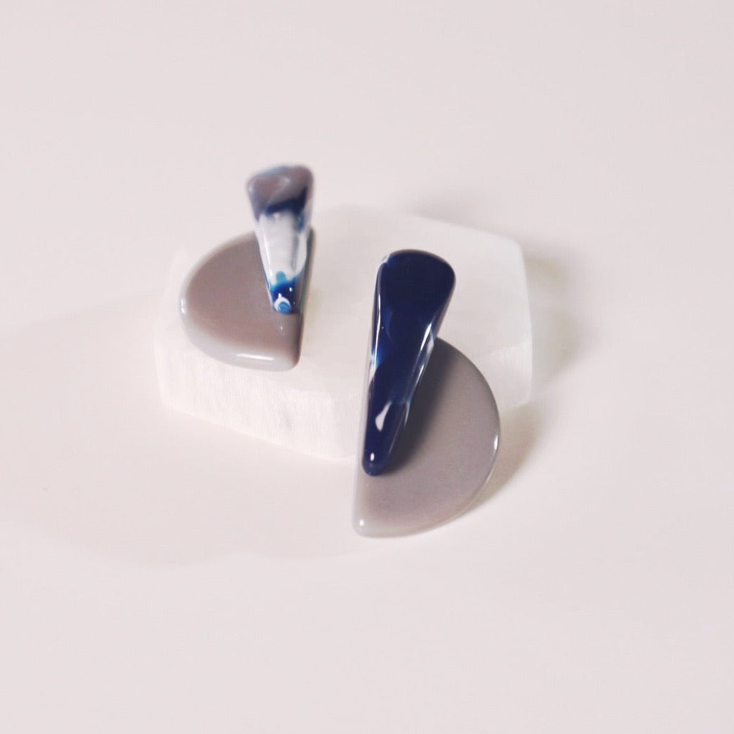 Half Moon Statement Resin Earrings - Midnight Blue & Gray